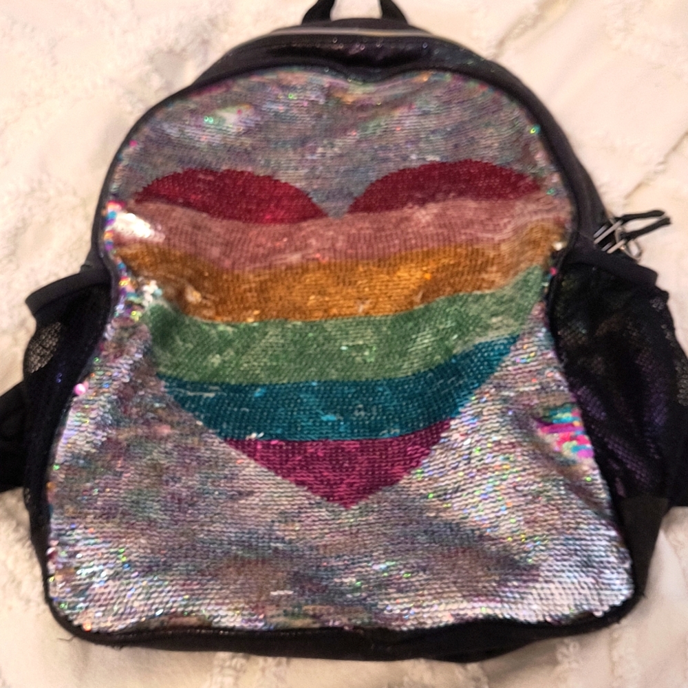 Beautiful flip sequin backpack! heart design with🌈 rainbow colors!